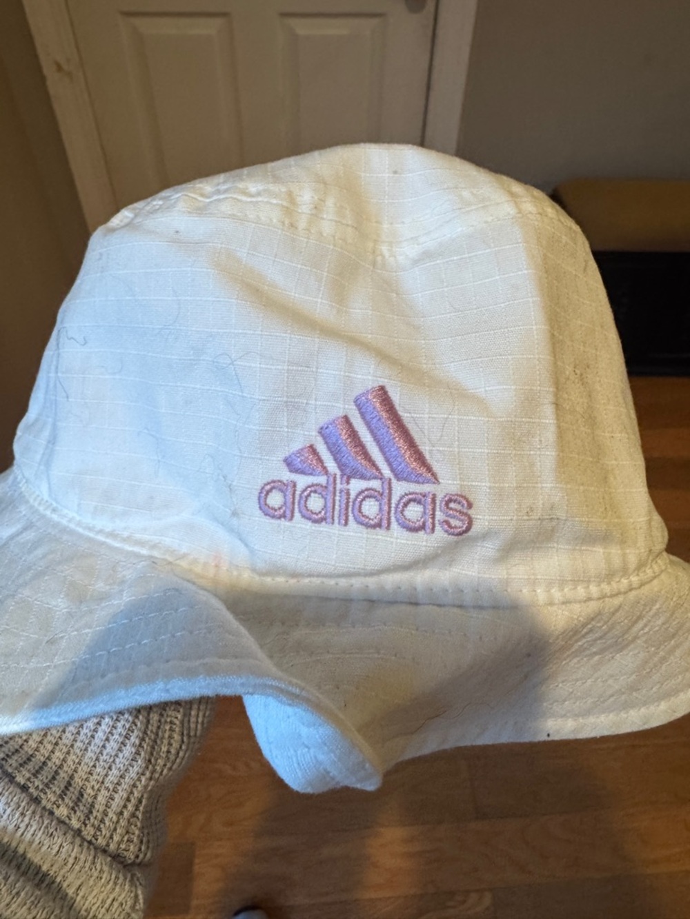 adidas White Bucket Hat with Pink Logo